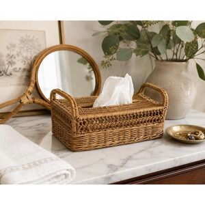 Vintage Rattan Vanity Set Mirror & Tissue Box Cover Coastal Boho Bathroom Decor